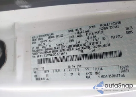 2009 Ford E-250 z USA, uszkodzony, nr VIN 1FTNE24W69DA81612